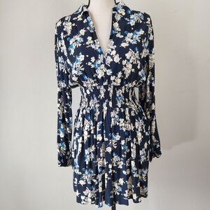 New‎ Zara Womens Small Navy Blue Floral V-Neck Long Sleeved Dress